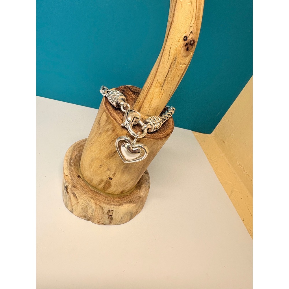 Silver Wheat Chain Bracelet Double‎ Heart Puff Charm Heart Clasp 6.25 Inch